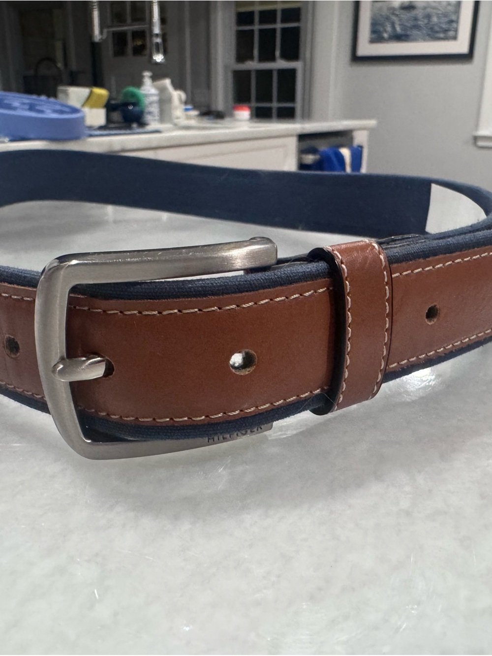 Tommy Hilfiger Brown Leather and Navy Trim Men's Belt